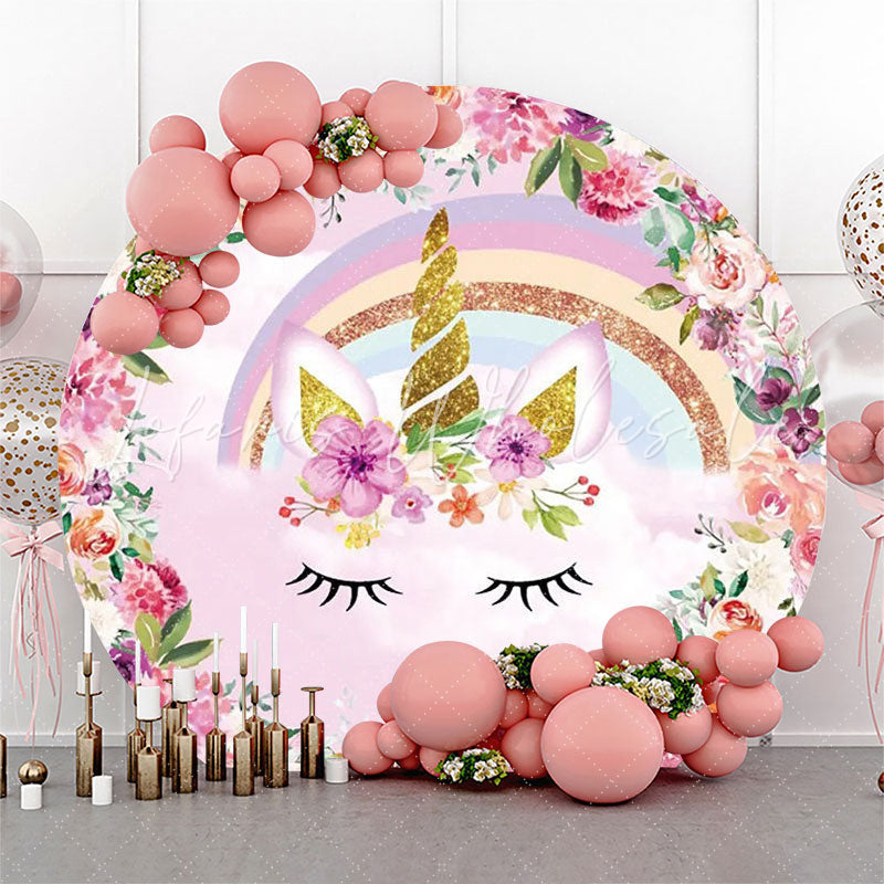 Lofaris Pink Floral Unicorn Rainbow Round Birthday Backdrop
