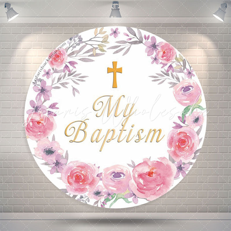 Lofaris Pink Floral Wreath My Baptism Round Backdrop Cover