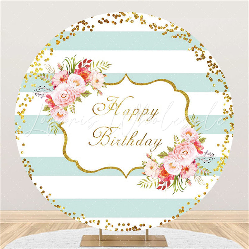 Lofaris Pink Flower And Stripe Happy Birthday Round Backdrop