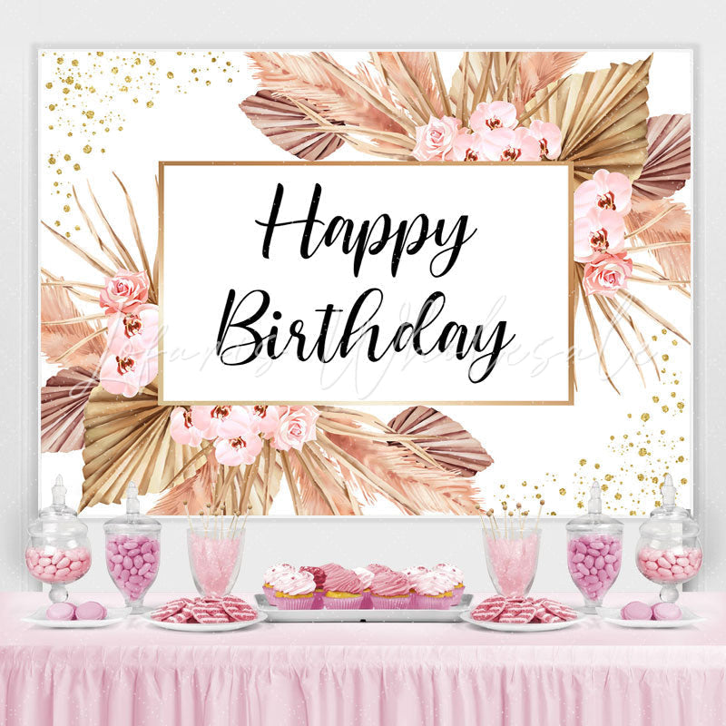 Lofaris Pink Flowers And Glitter Dots Happy Birthday Backdrop