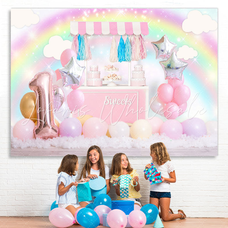 Lofaris Pink Glitter Sweet Balloon Rainbow 1St Birthday Backdrop