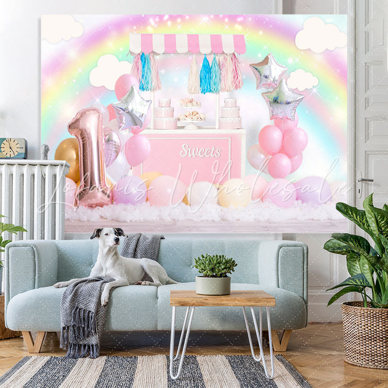 Lofaris Pink Glitter Sweet Balloon Rainbow 1St Birthday Backdrop