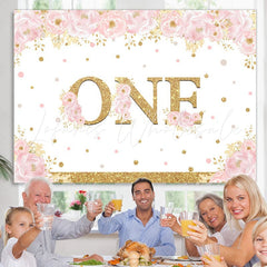 Lofaris Pink Gold Glitter Happy 1st Birthday Backdrop for Girl