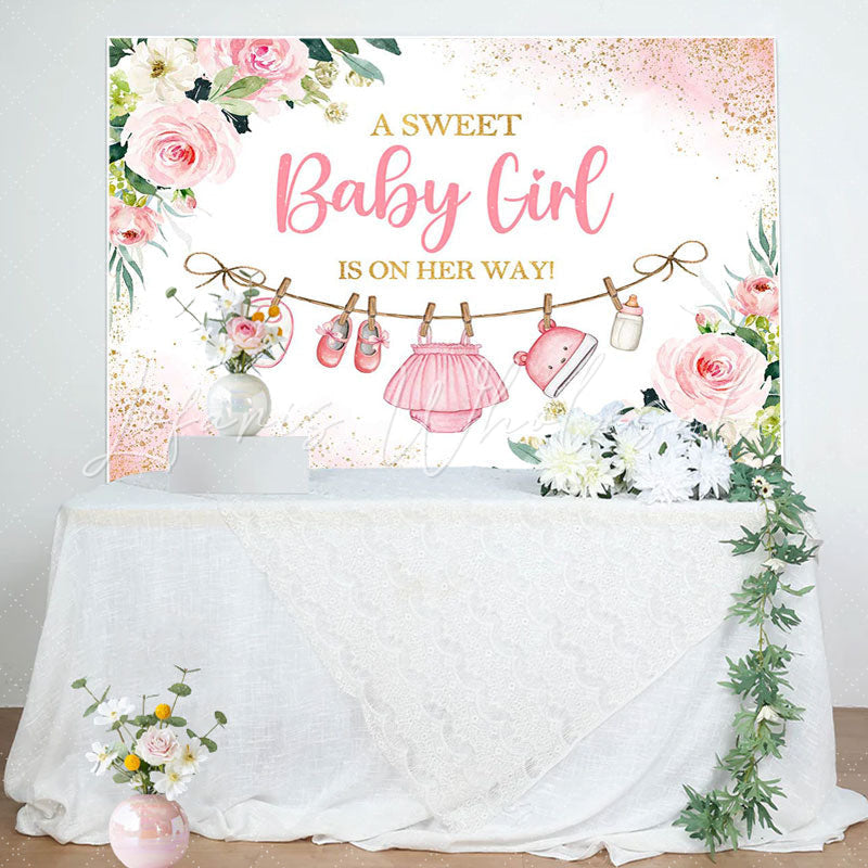 Lofaris Pink Golden Floral Baby Shower Backdrop For Girls