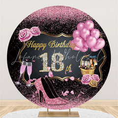 Lofaris Pink Roses Black Round Happy 18Th Birthday Backdrop