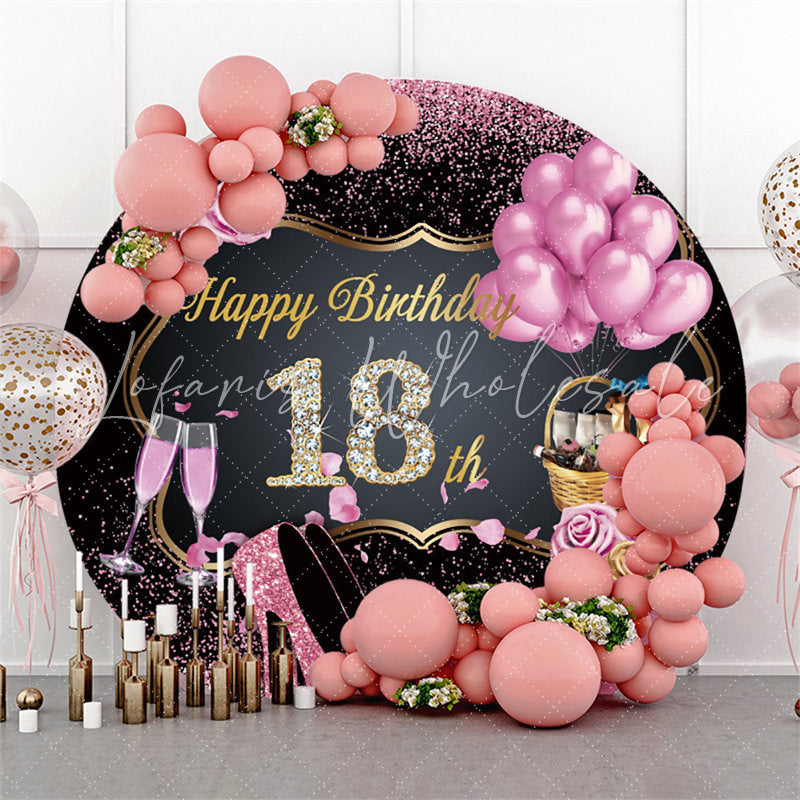 Lofaris Pink Roses Black Round Happy 18Th Birthday Backdrop
