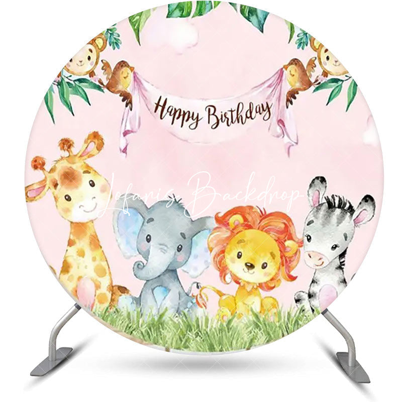 Lofaris Pink Sky Monstera Animals Round Birthday Backdrop