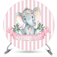 Lofaris Pink Stripe Elephant Leaf Round Baby Shower Backdrop