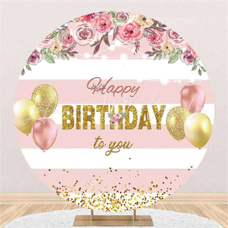 Lofaris Pink Stripe Flower Balloons Birthday Circle Backdrop