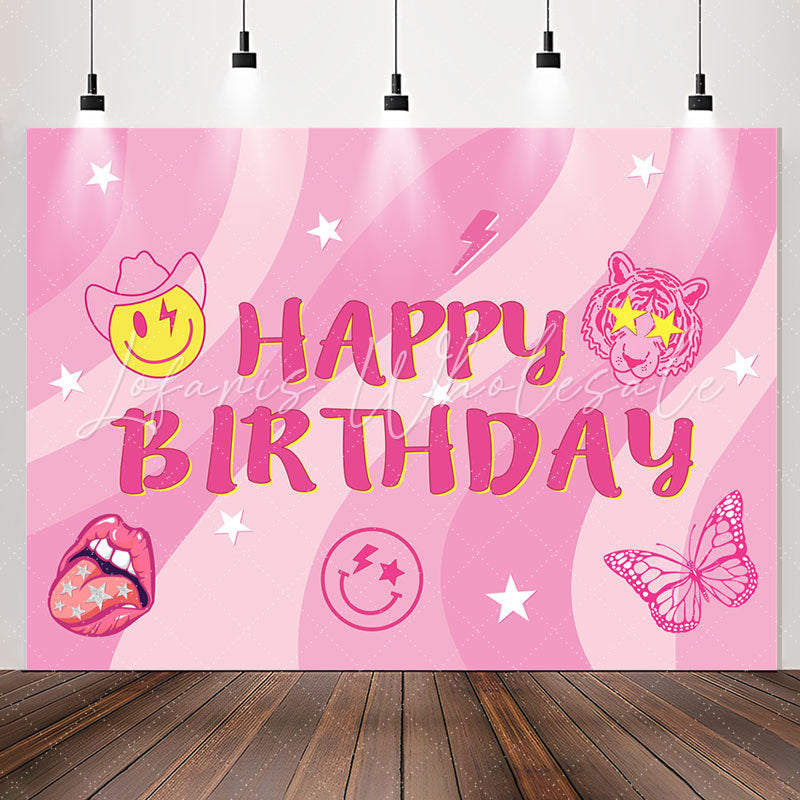 Lofaris Pink Stripe Stars Smile Face Tiger Birthday Backdrop