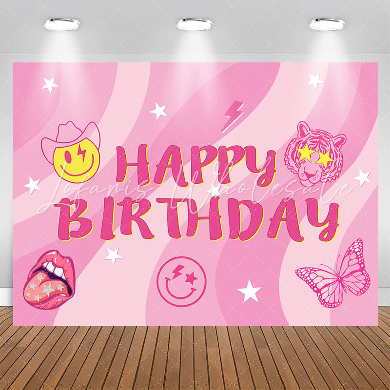 Lofaris Pink Stripe Stars Smile Face Tiger Birthday Backdrop