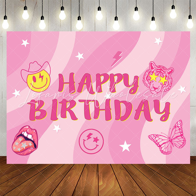 Lofaris Pink Stripe Stars Smile Face Tiger Birthday Backdrop