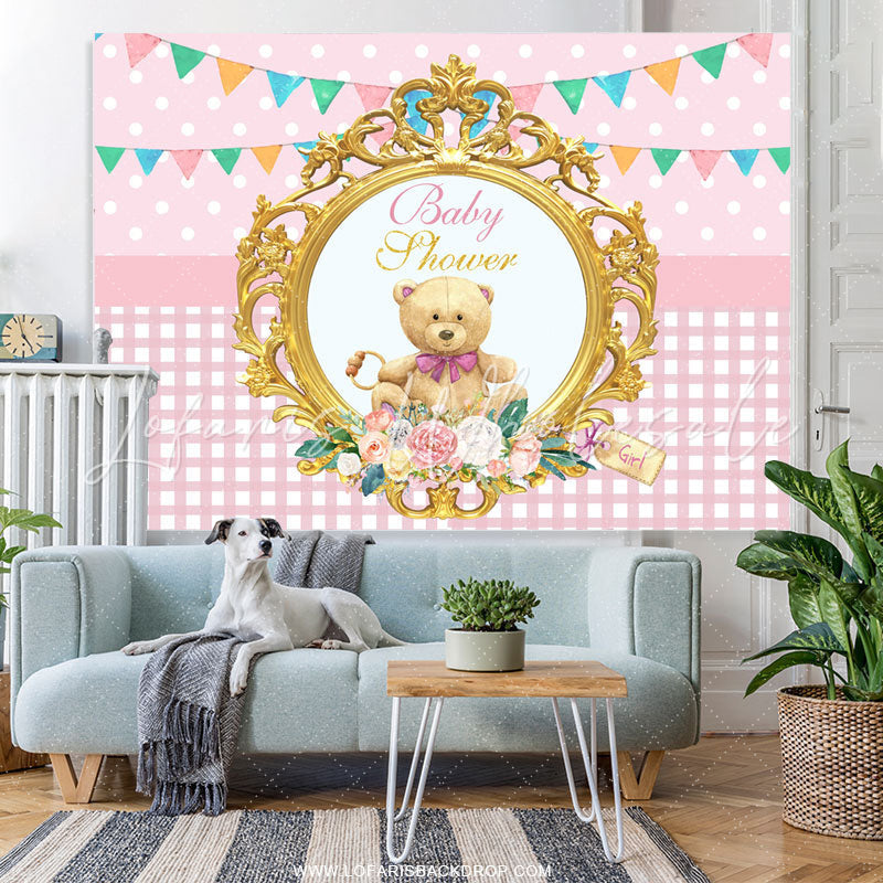 Lofaris Pink Teddy Bear With Flags Theme Baby Shower Backdrop