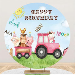 Lofaris Pink Train With Cute Animals Birthday Round Backdrop