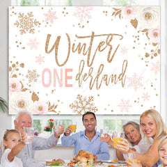 Lofaris Pink White Floral Glitter Winter Onederland Birthday Backdrop
