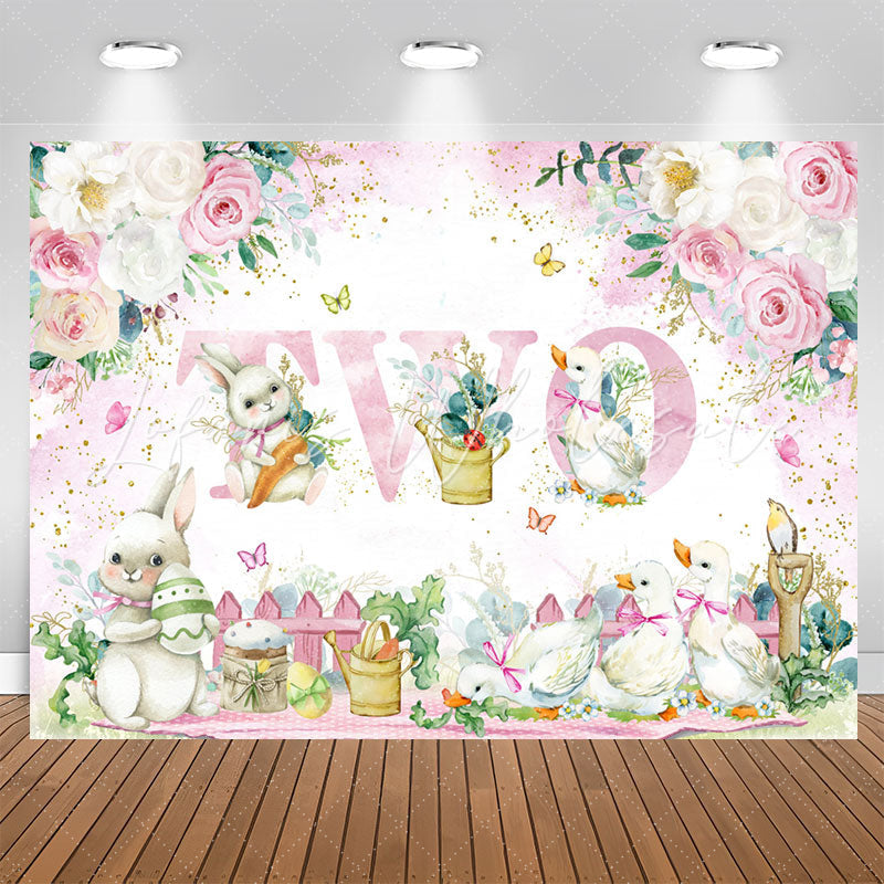 Lofaris Pink White Flower Rabbit Duck 2nd Birthday Backdrop