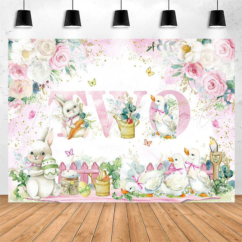 Lofaris Pink White Flower Rabbit Duck 2nd Birthday Backdrop