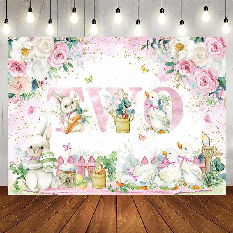 Lofaris Pink White Flower Rabbit Duck 2nd Birthday Backdrop