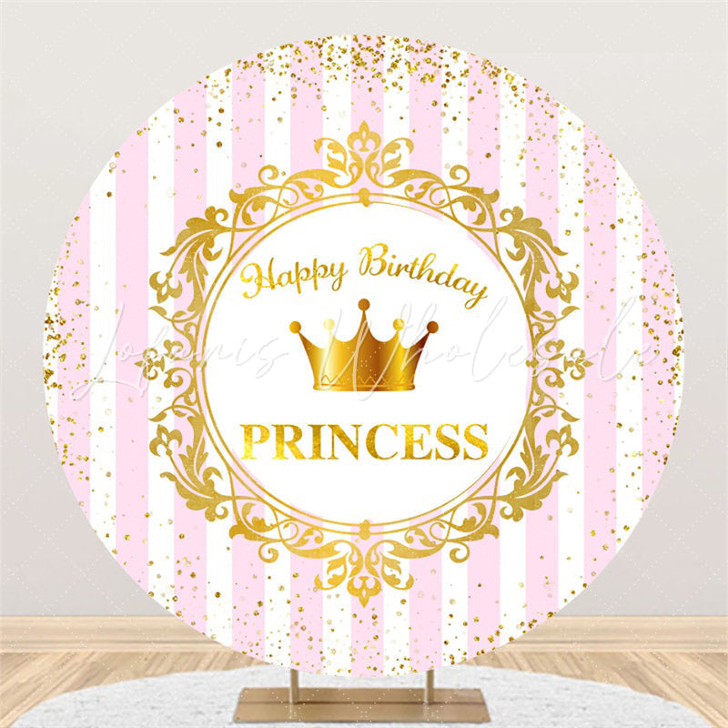 Lofaris Pink White Stripes Round Gold Princess Birthday Backdrop