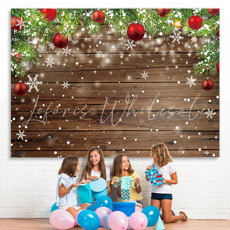 Lofaris Pretty Snowflake And Red Christmas Ball Wooden Backdrop