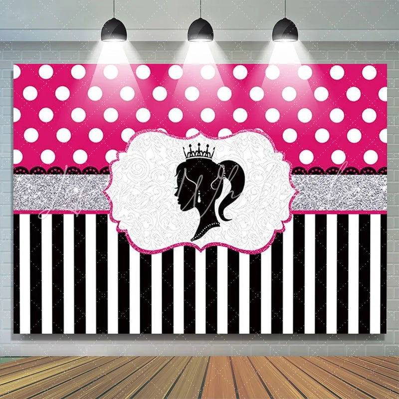 Lofaris Princess And Black White Stripes Pink Birthday Backdrop