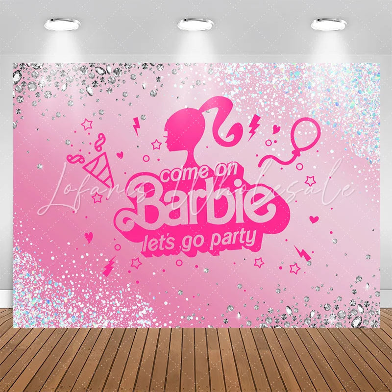 Princess Diamond Glitter Pink Lets Go Party Backdrop