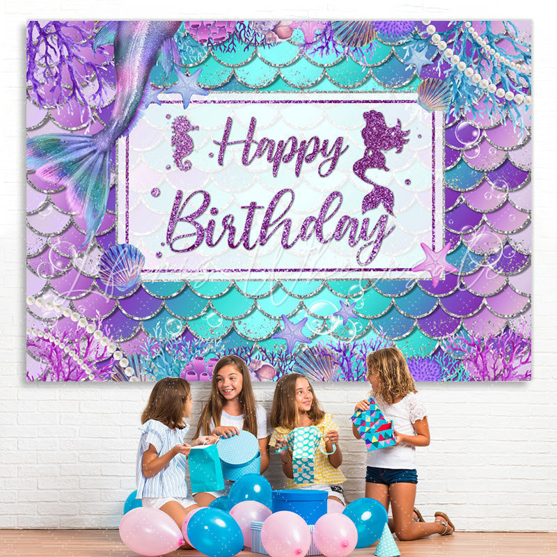 Lofaris Purple And Blue Cute Mermaid Happy Birthday Backdrop