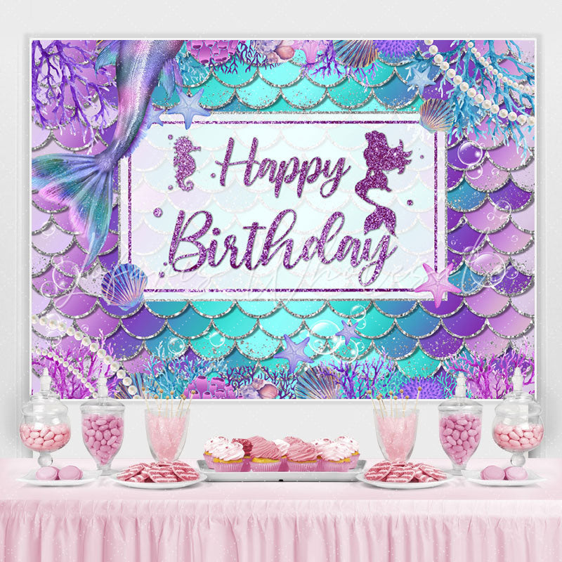 Lofaris Purple And Blue Cute Mermaid Happy Birthday Backdrop