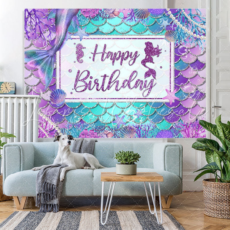 Lofaris Purple And Blue Cute Mermaid Happy Birthday Backdrop