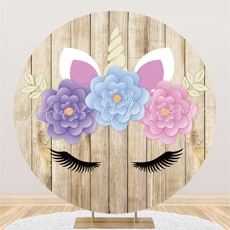 Lofaris Purple Blue Pink Unicorn Floral Wood Birthday Backdrop