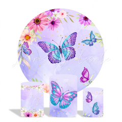 Purple Butterfly Theme Birthday Baby Shower Party Round Backdrop Cover Cylinder Pedestal Cover