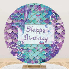 Lofaris Purple Cyan Mermaid Pearls Round Birthday Backdrop