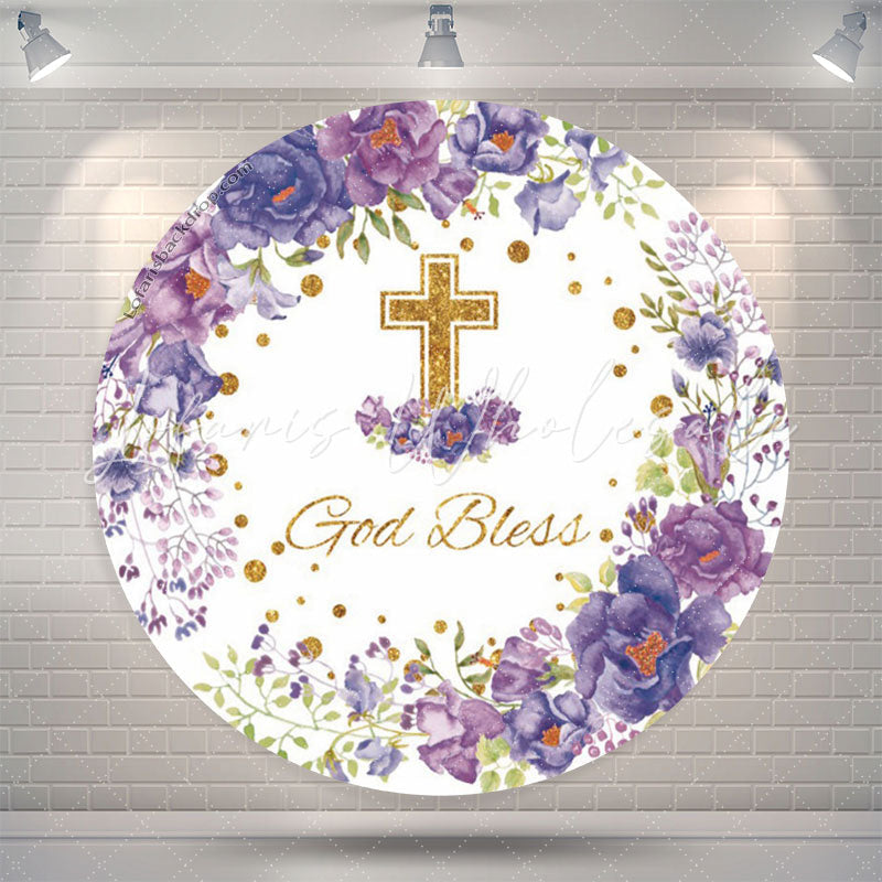 Lofaris Purple Floral God Bless Baptism Round Backdrop