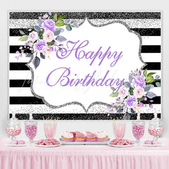 Lofaris Purple Floral Happy Birthday Glitter Stripes Party Backdrop