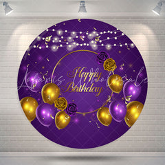 Lofaris Purple Gold Balloon Happy Birthday Round Backdrop