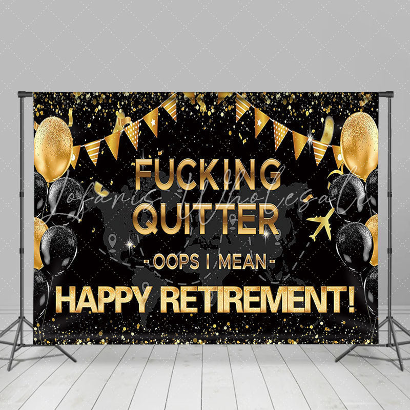 Lofaris Quitter Gold Sparkling Black Retirement Party Backdrop