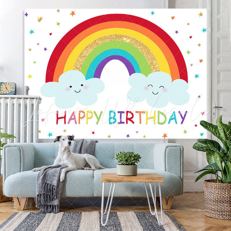 Lofaris Rainbow and Clouds Happy Birthday Backdrop for Kids