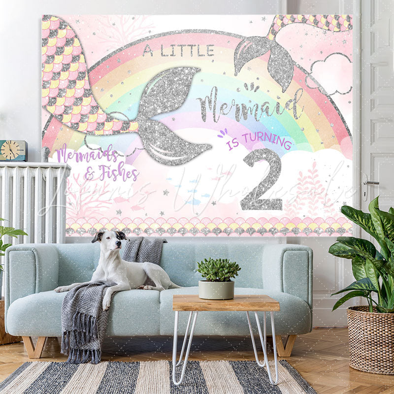 Lofaris Rainbow and Little Mermaid Girl 2rd Birthday Backdrop