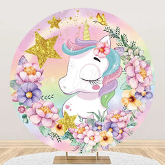 Lofaris Rainbow Stars Floral Unicorn Round Birthday Backdrop