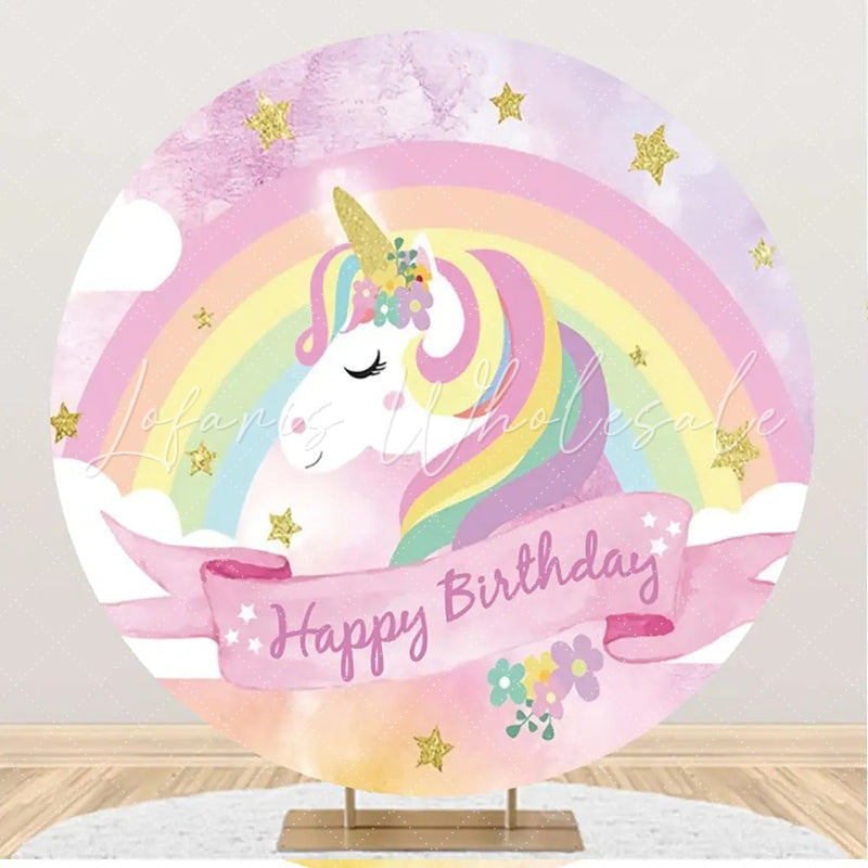 Lofaris Rainbow Unicorn Gold Star Round Birthday Backdrop