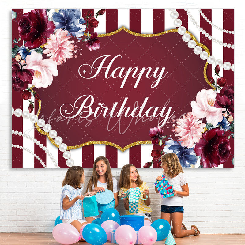 Lofaris Red And White Line With Floral Gold Birthday Backdrop