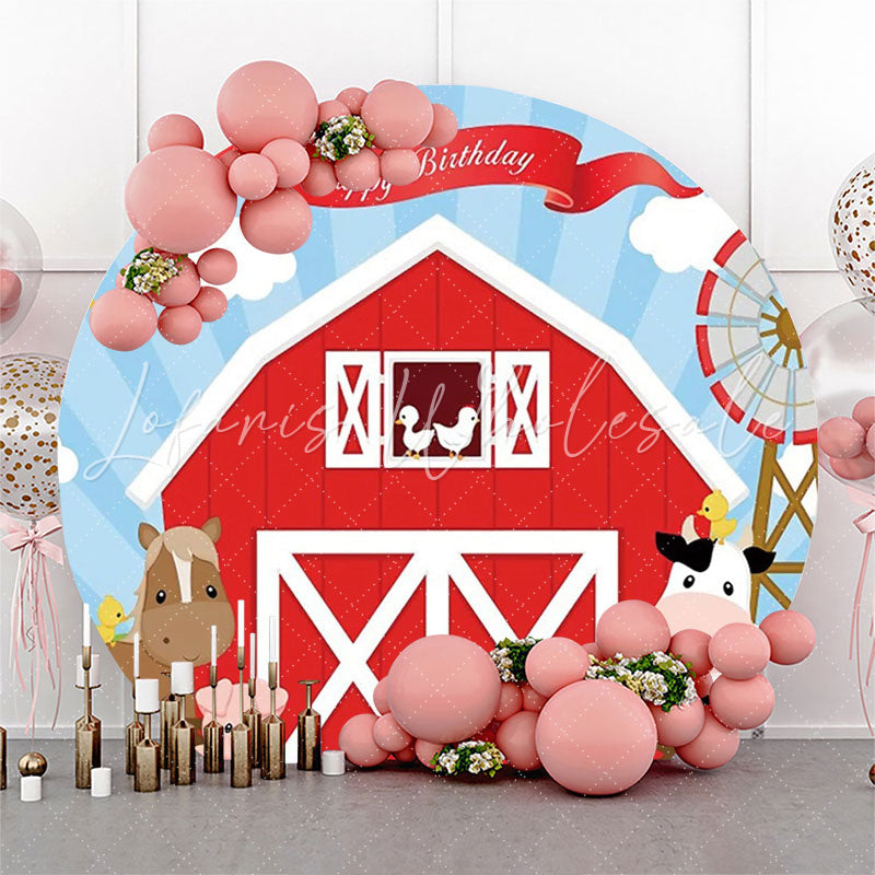 Lofaris Red Barn Animals Windmill Circle Birthday Backdrop