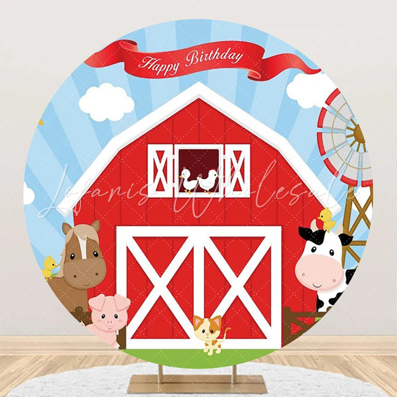 Lofaris Red Barn Animals Windmill Circle Birthday Backdrop
