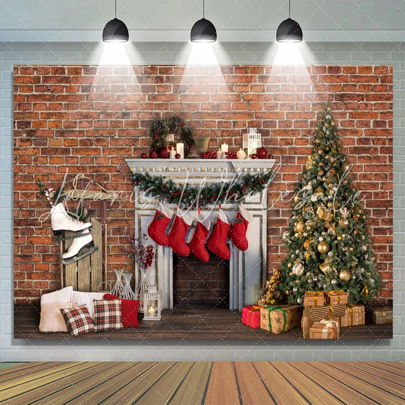 Lofaris Red Bricks And Christmas Stocks Hanging Out Backdrop