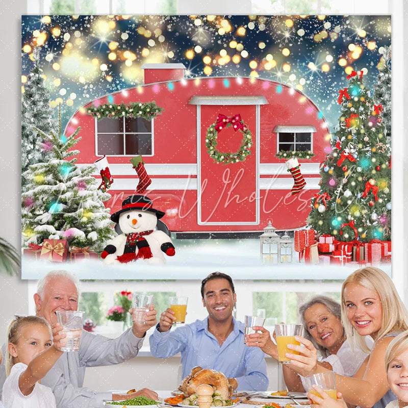 Lofaris Red Car Christmas Tree Snowman Bokeh Backdrop for Party