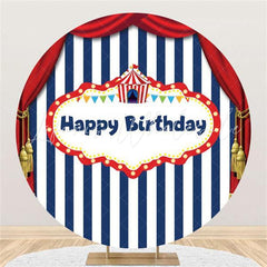 Lofaris Red Curtain Blue-White Stripe Birthday Round Backdrop