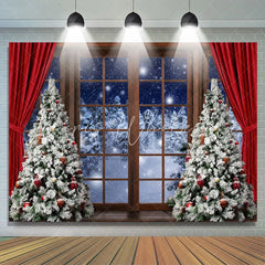 Lofaris Red Curtain Christmas Tree Door Snow Forest Backdrop