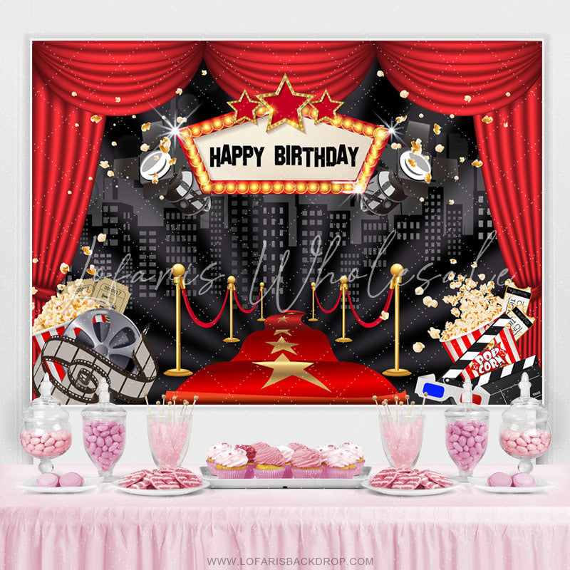 Lofaris Red Curtain High Builddings Night Birthday Backdrop