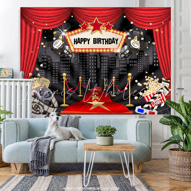 Lofaris Red Curtain High Builddings Night Birthday Backdrop