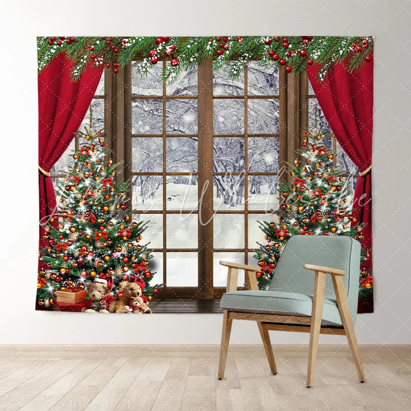 Lofaris Red Curtain Wood Windows Winter Merry Christmas Backdrop